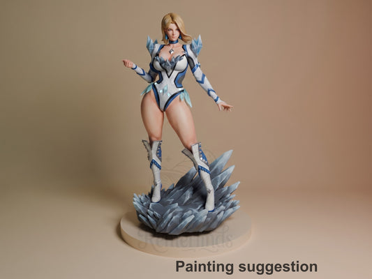Arctic Telepath resin figure in blue and white armor on crystalline base, posed dynamically with blonde hair and shoulder spikes, fully painted.