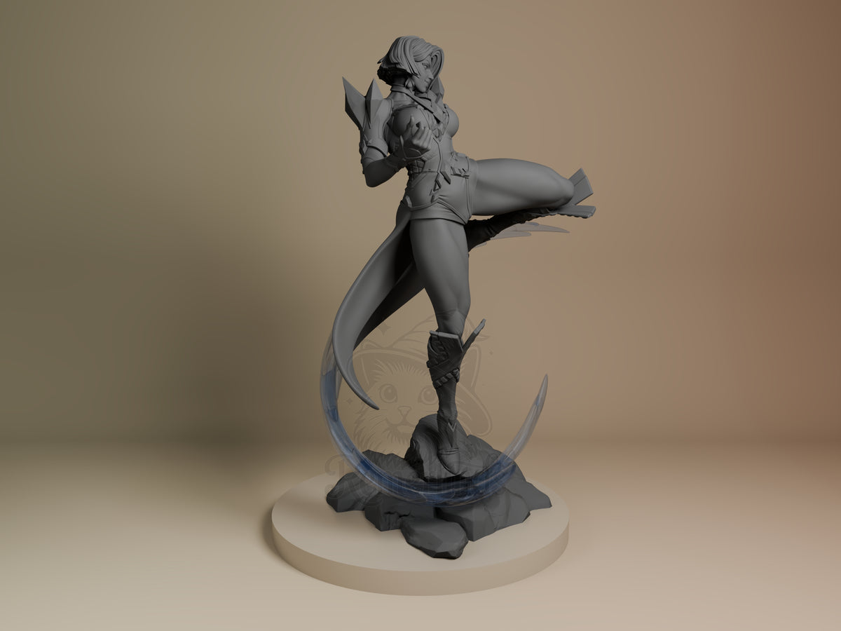 Arctic Telepath resin figure from Super Rivals shown from the right side, unpainted gray with dynamic pose and flowing cape detail on rocky base.