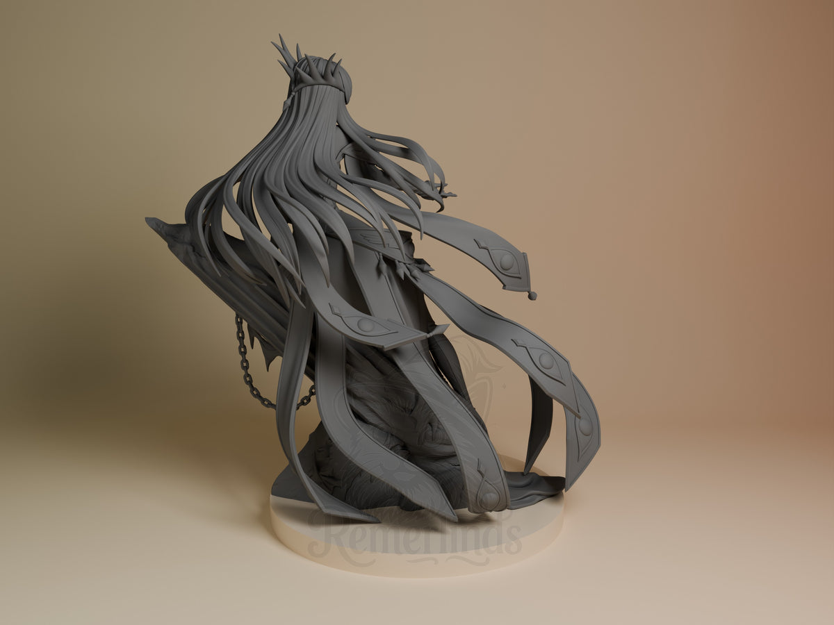 Back view shows Empress C.C. from Code Geass, an unpainted resin figure on a sculpted base.