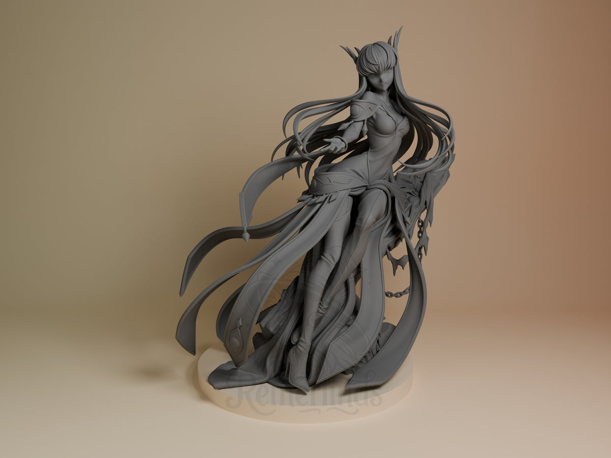Empress C.C. from Code Geass is an unpainted gray resin figure seated with flowing hair on a sculpted base.