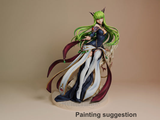 Empress C.C. resin figure from Code Geass in three-quarter pose, featuring vibrant green hair, elaborate navy and white robes with maroon ribbons, fully painted on neutral base.