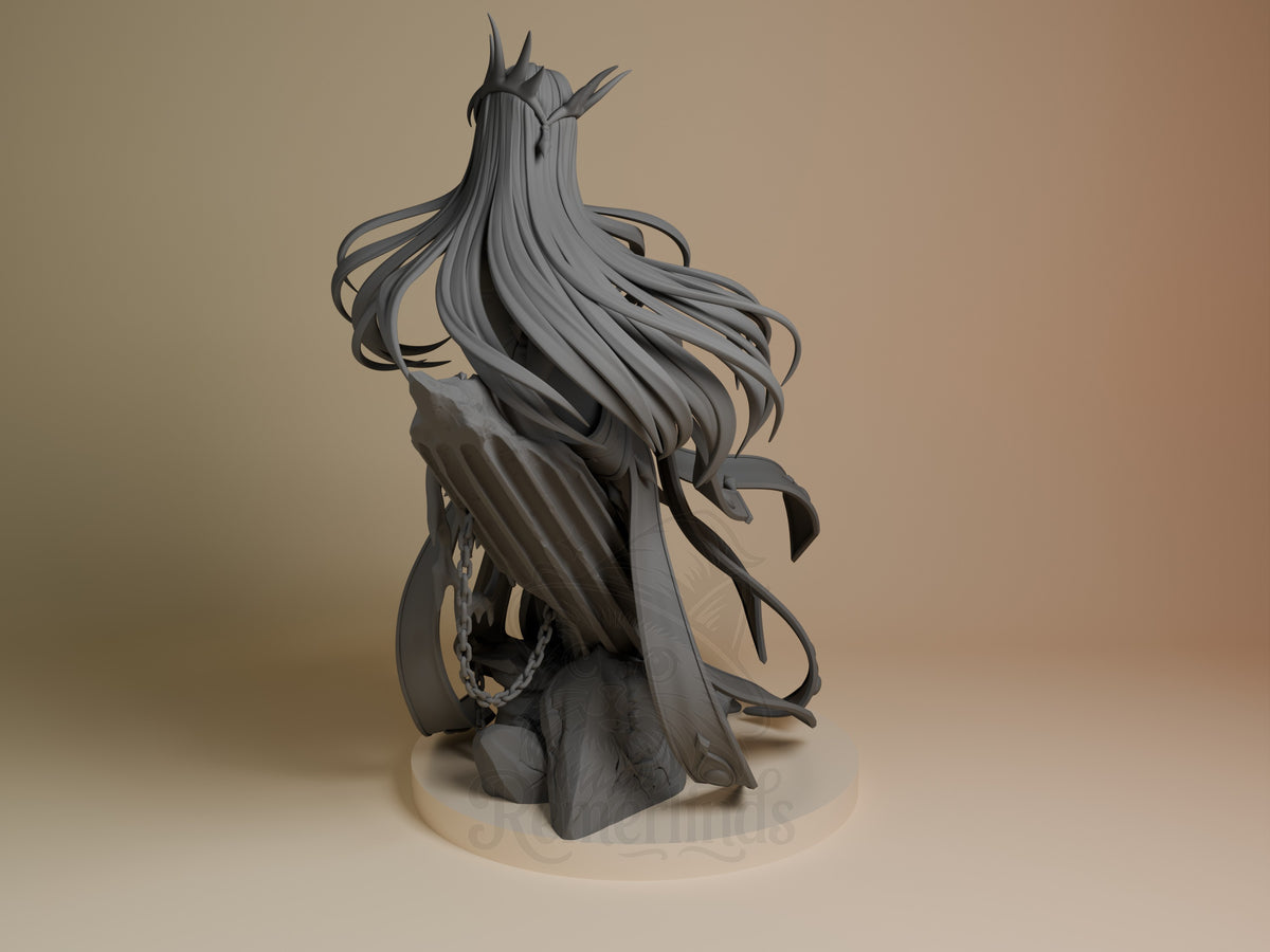 Empress C.C. from Code Geass is an unpainted resin figure viewed from behind, with flowing hair, chains, and a sculpted base.