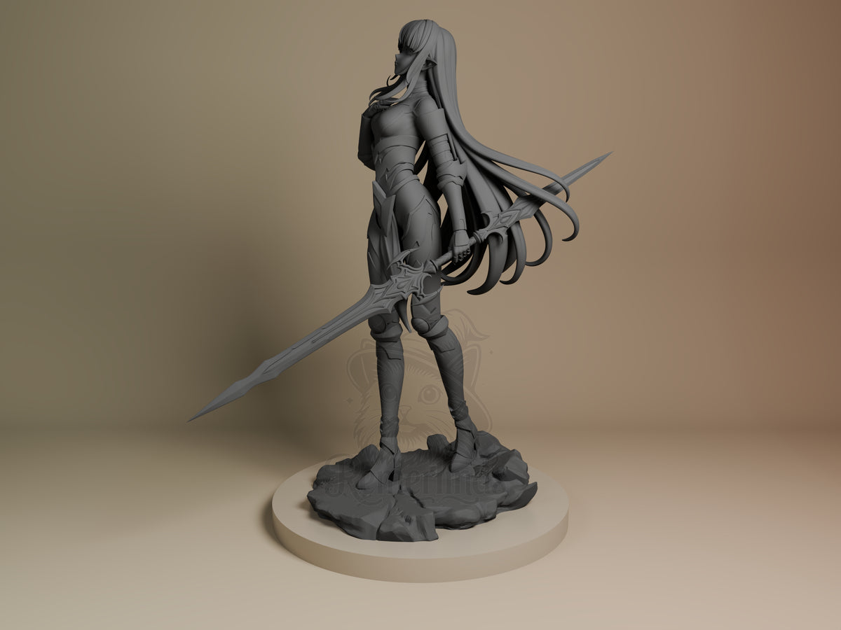 Esil Radiru Solo Ascension 3D printed resin figure by Nomnom, angled view showing dimensional details.
