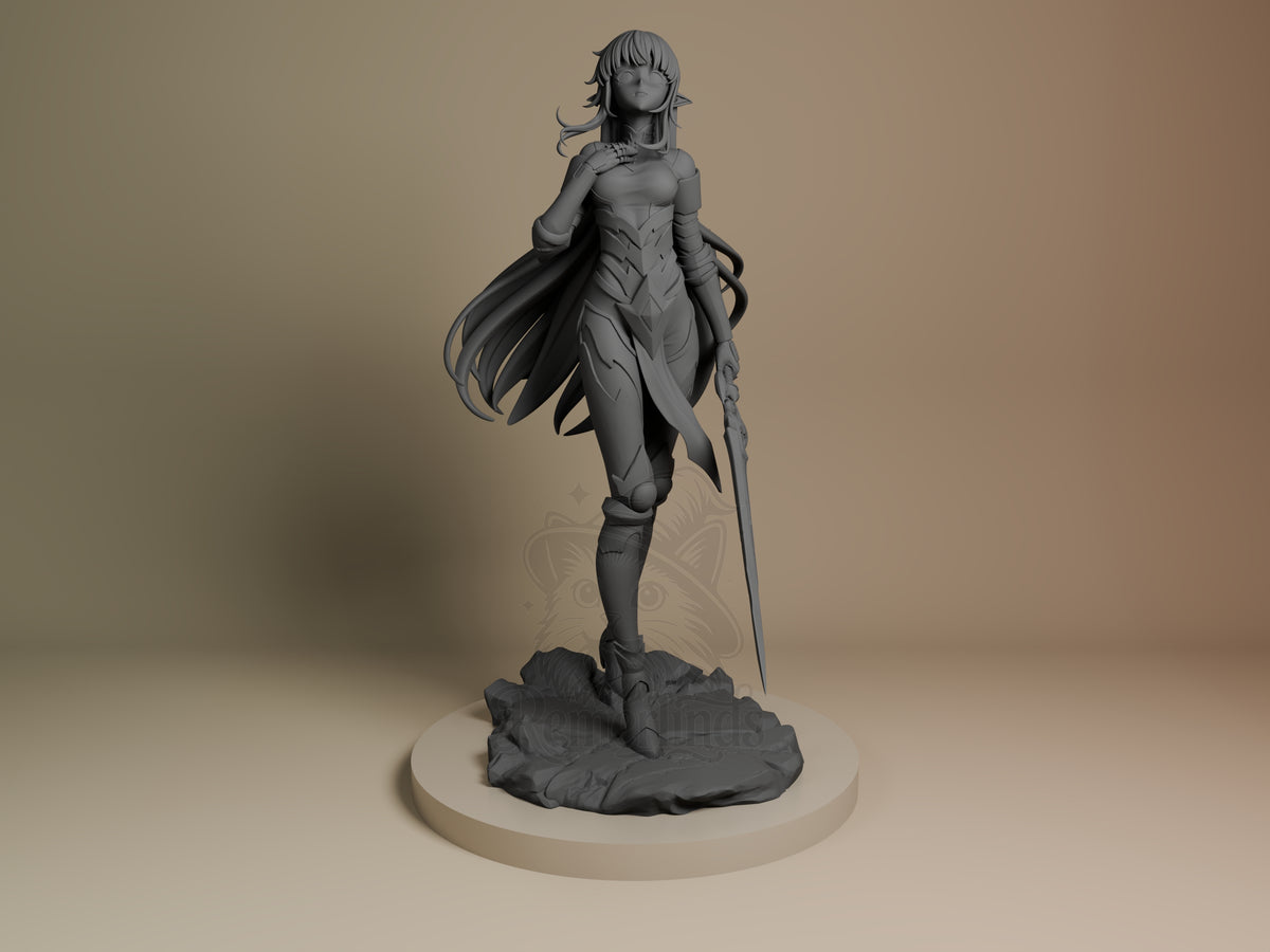 Esil Radiru Solo Ascension 3D printed resin figure by Nomnom, unpainted front view. The 3D printed resin miniature figure depicts Esil Radiru from Solo Leveling in a poised and elegant standing pose. She holds a detailed sword in one hand while the other hand rests delicately near her chest. The figure features intricate armor details and flowing hair that adds dynamic movement, all set atop a rugged, circular base for a striking overall composition.