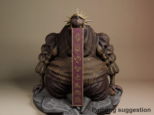 Esquie resin figure from Expedition 33 seated frontally on rocky base, wearing ornate brown robes with purple chest panel, golden sun crown, detailed painted armor and geometric patterns.