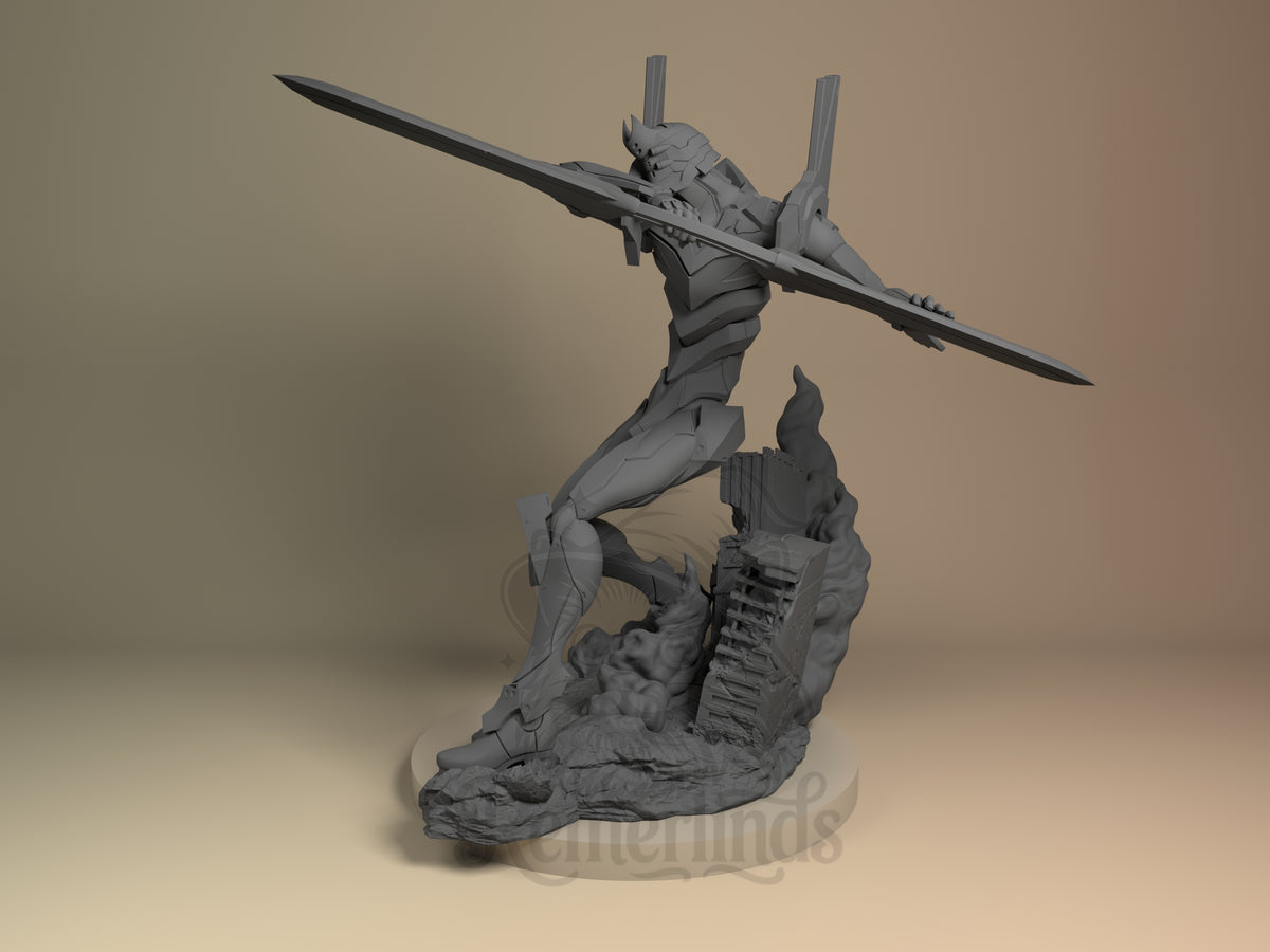 Eon-02 Valkyrie Aeon Genesis Mecha 3D printed resin figure by Nomnom, angled view showing dimensional details.