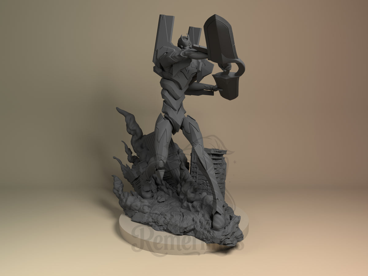 Front view of Eva 02 from Evangelion, an unpainted resin figure with raised shields on a sculpted rubble base.