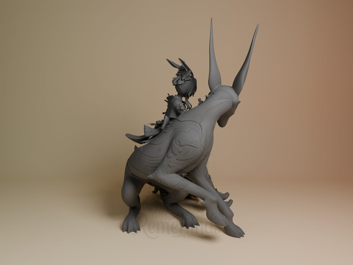 Unpainted back view of Evanescia from Honkai Star Rail resin figure on a horned creature.