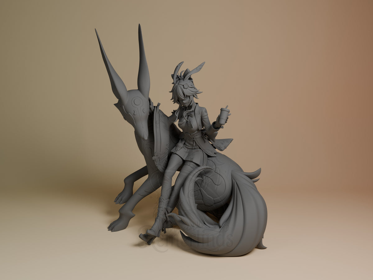Evanescia from Honkai Star Rail is an unpainted resin figure seated with a sculpted horned base.