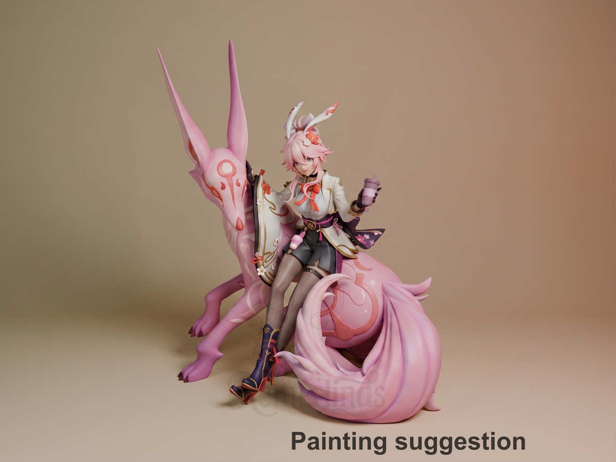 Painted Evanescia resin figure from Honkai Star Rail sits on a pink sculpted fox-like base.