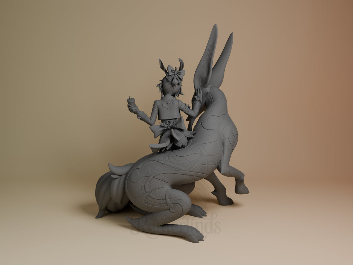 Left rear view shows unpainted Evanescia resin figure from Honkai Star Rail seated on a sculpted creature base.