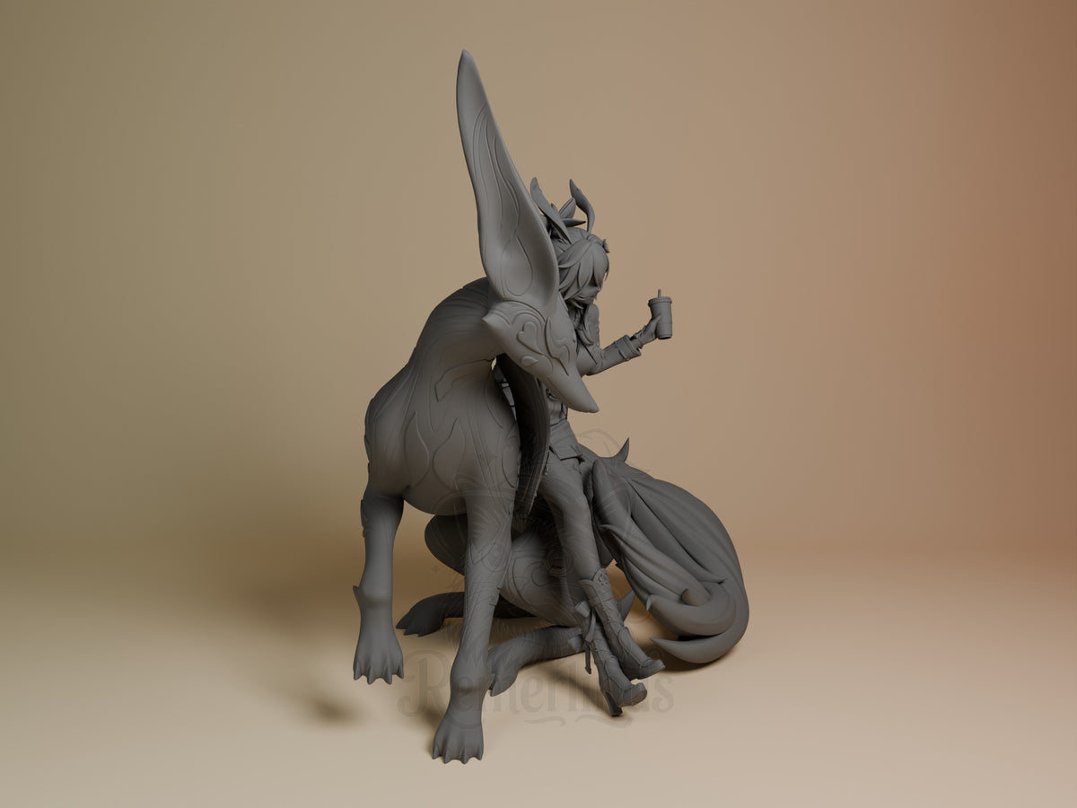 Evanescia from Honkai Star Rail sits in profile with a tail and raised arm, unpainted resin figure.