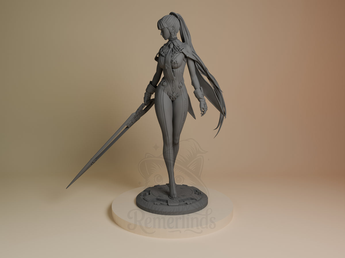 Angled view of Eve from Stellar Blade, an unpainted resin figure holding a sword on a round base.