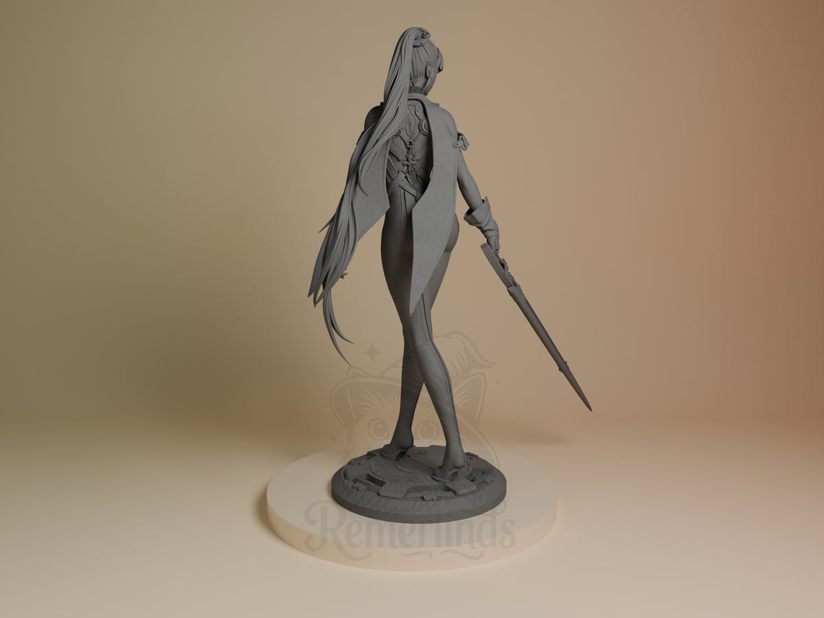 Back view shows Eve from Stellar Blade, an unpainted resin figure with sword on a sculpted base.