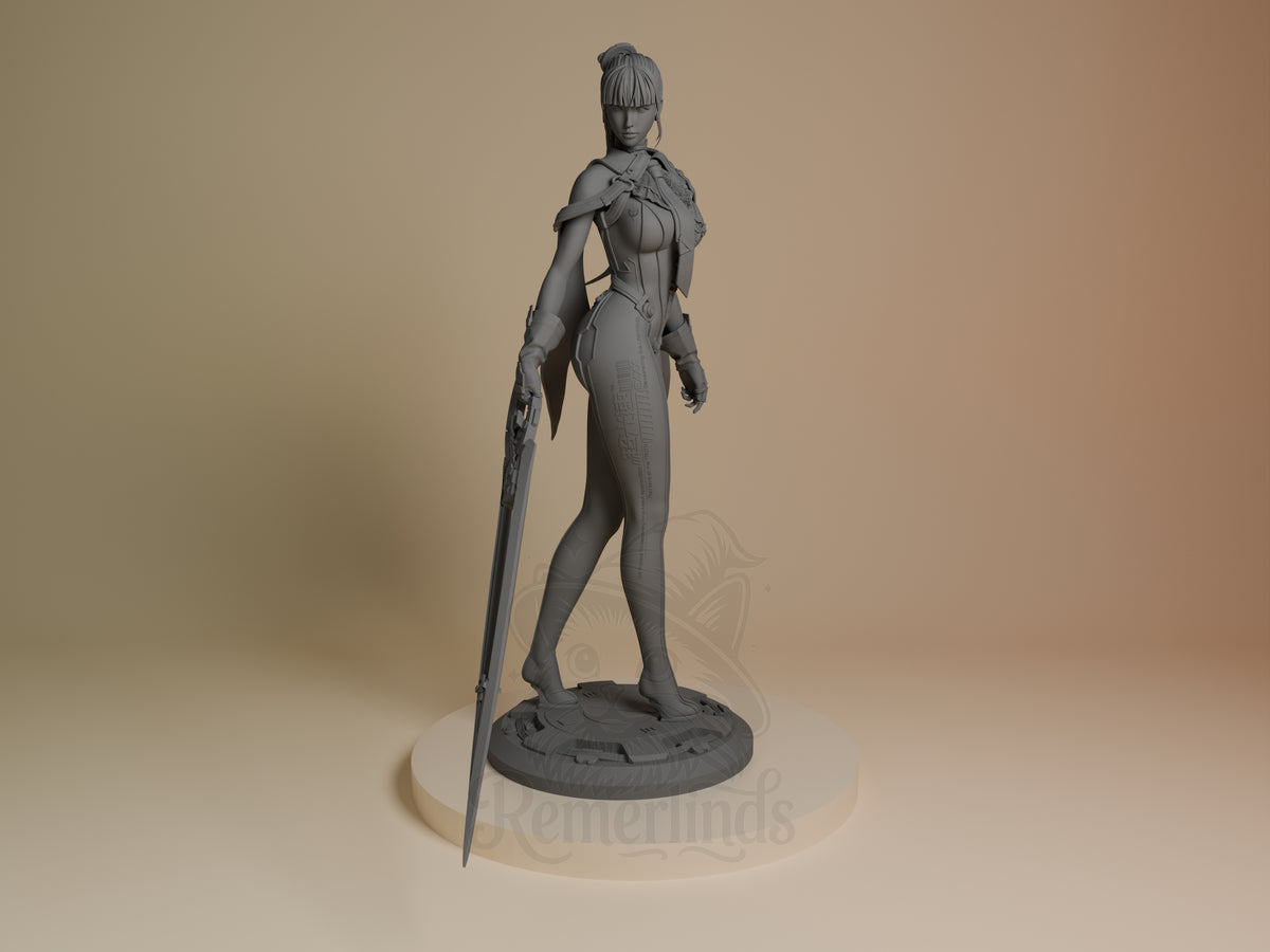 Eve from Stellar Blade, an unpainted resin figure, faces front with sword on a sculpted base.