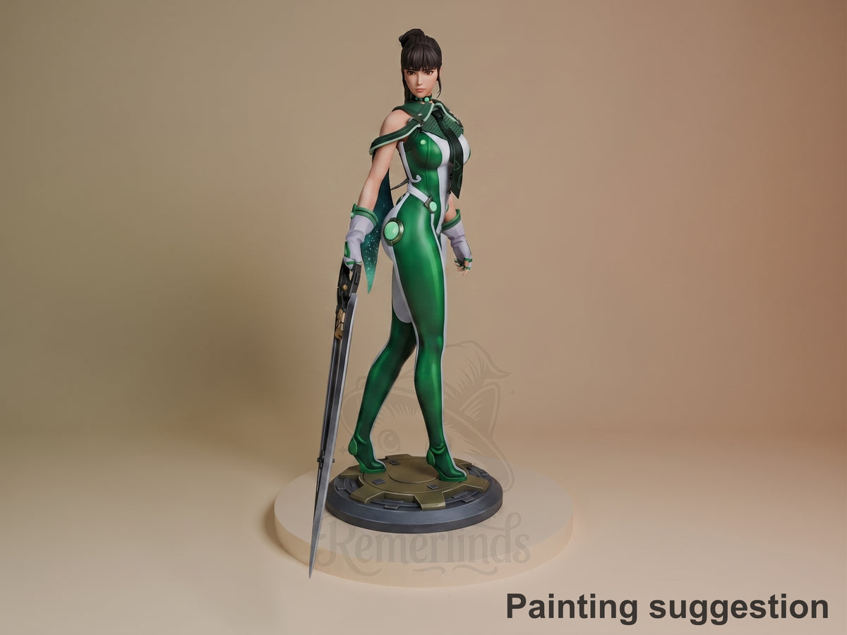 Painted Eve from Stellar Blade resin figure stands three-quarter view with sword and sculpted round base.