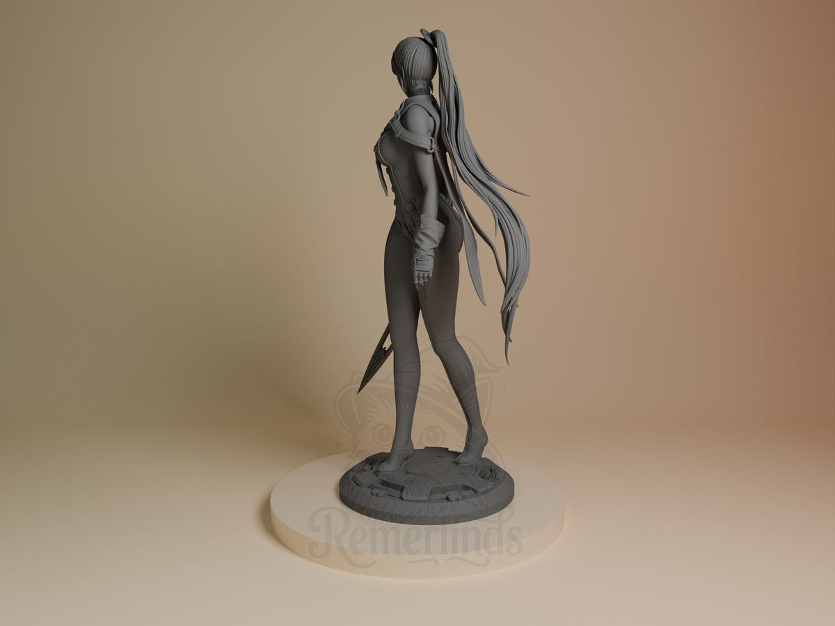 Eve from Stellar Blade is an unpainted resin figure, shown from behind on a sculpted base.