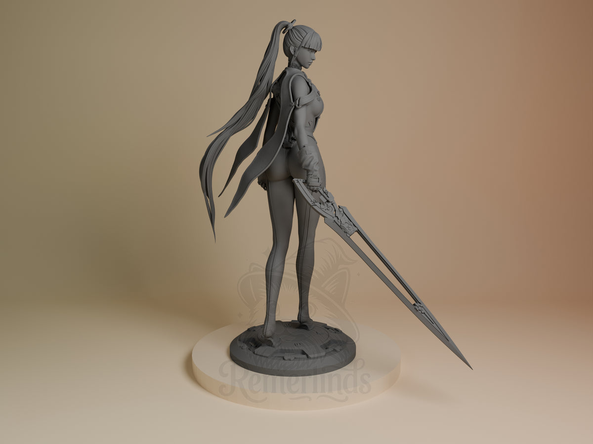 Eve from Stellar Blade in side view: an unpainted resin figure with sword on sculpted base.