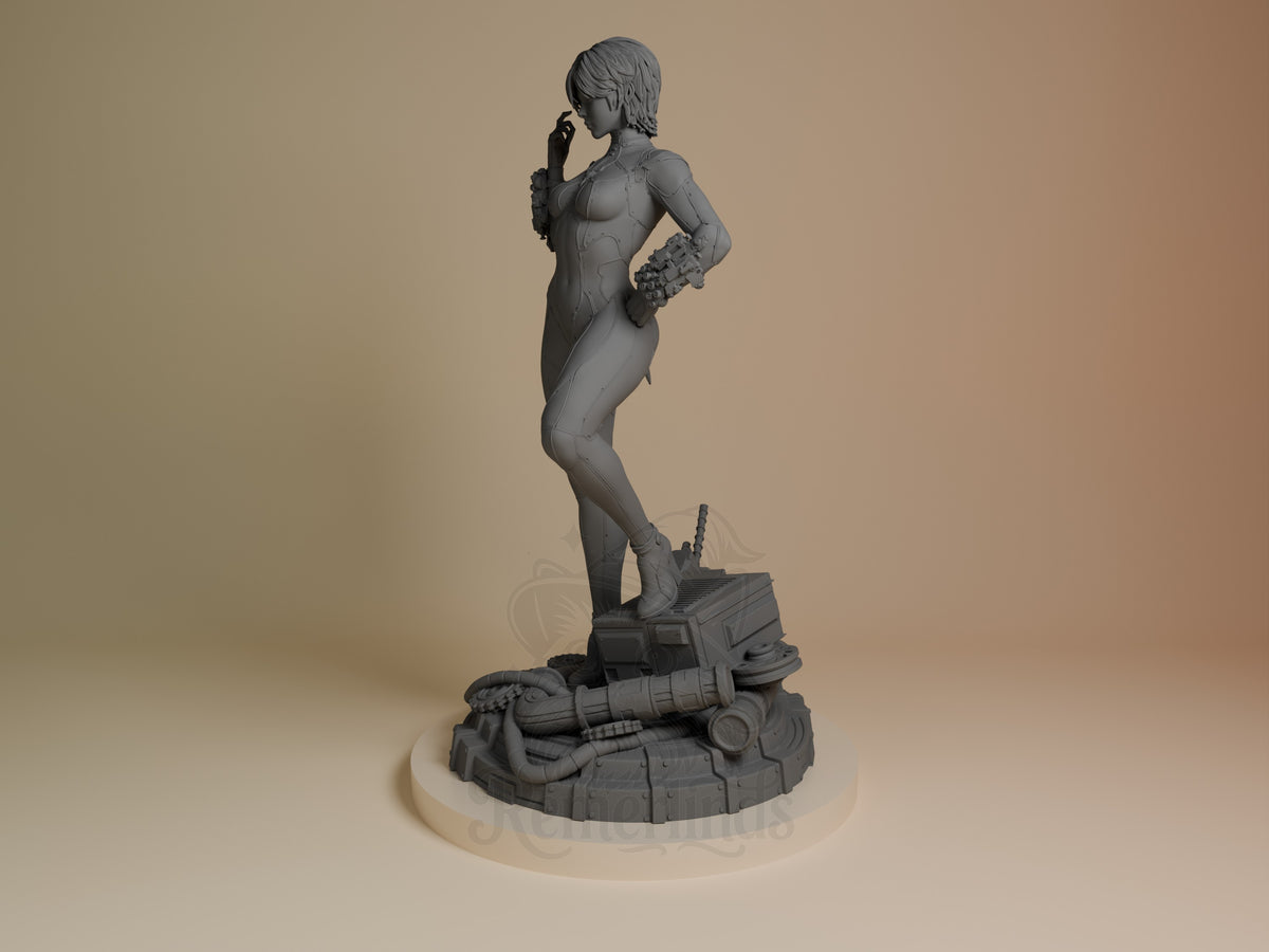Evie from Stellar Blade is an unpainted resin figure in a three-quarter pose on a sculpted base.