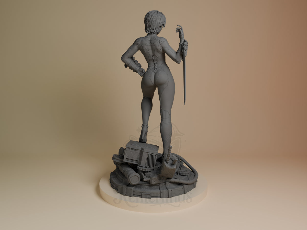 Back view of Evie from Stellar Blade, unpainted resin figure with sword on sculpted base.