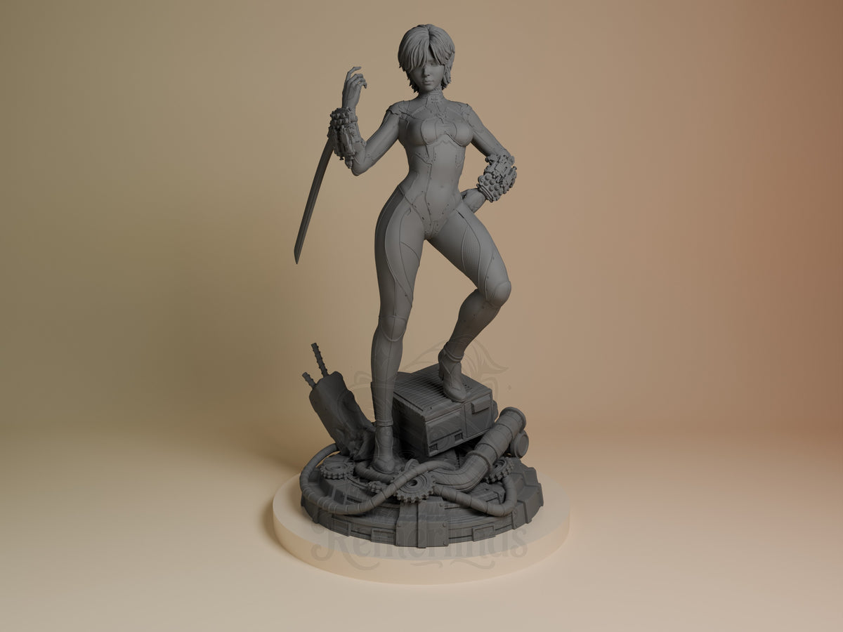 Evie from Stellar Blade, an unpainted resin figure, poses front-facing with sword on sculpted base.