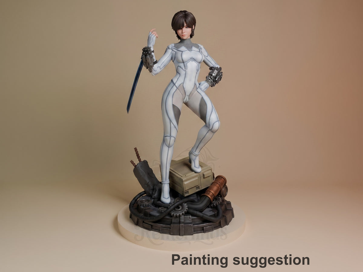 Front-view painted Evie from Stellar Blade resin figure poses with a sword on a sculpted tech base.