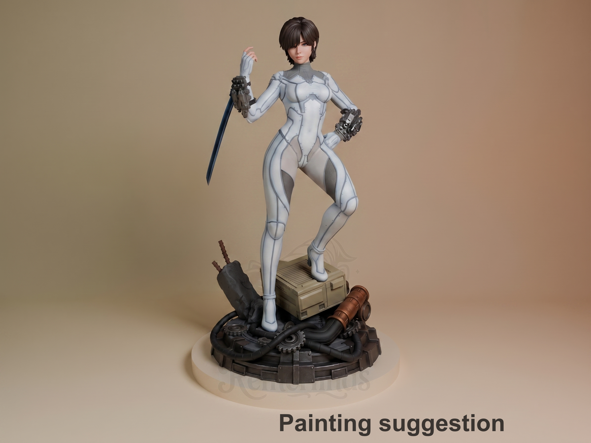 Painted resin figure of Evie from Stellar Blade poses with one leg raised on a mechanical base.