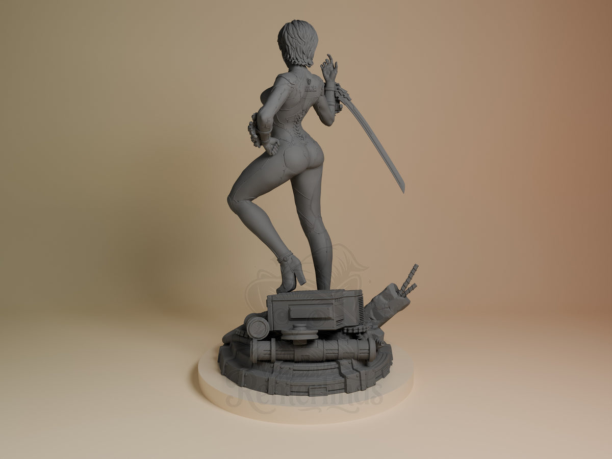 Evie from Stellar Blade resin figure shown unpainted from behind, with sword and sculpted base.