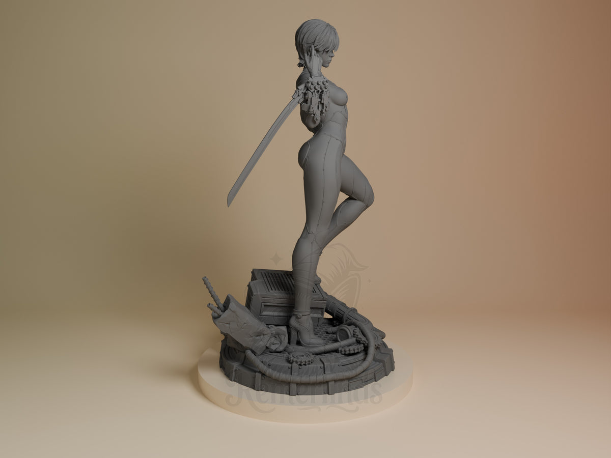 Evie from Stellar Blade stands in side profile as an unpainted resin figure with sword and raised leg on a sculpted base.