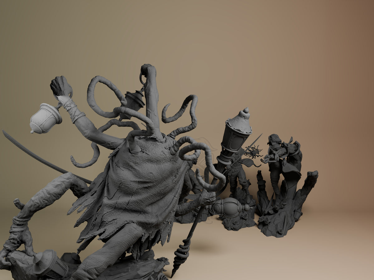 An angled unpainted resin diorama shows Gustave, Maelle & Lune vs Lampmaster from Odyssey 33 on a sculpted base.