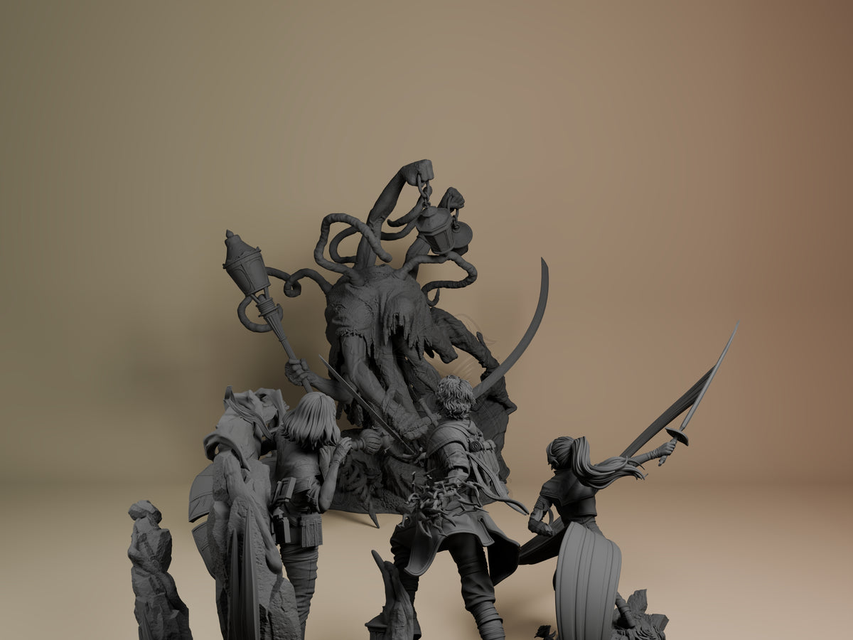 Back view shows the unpainted resin diorama of Gustave, Maelle & Lune vs Lampmaster from Odyssey 33 with a rocky base.