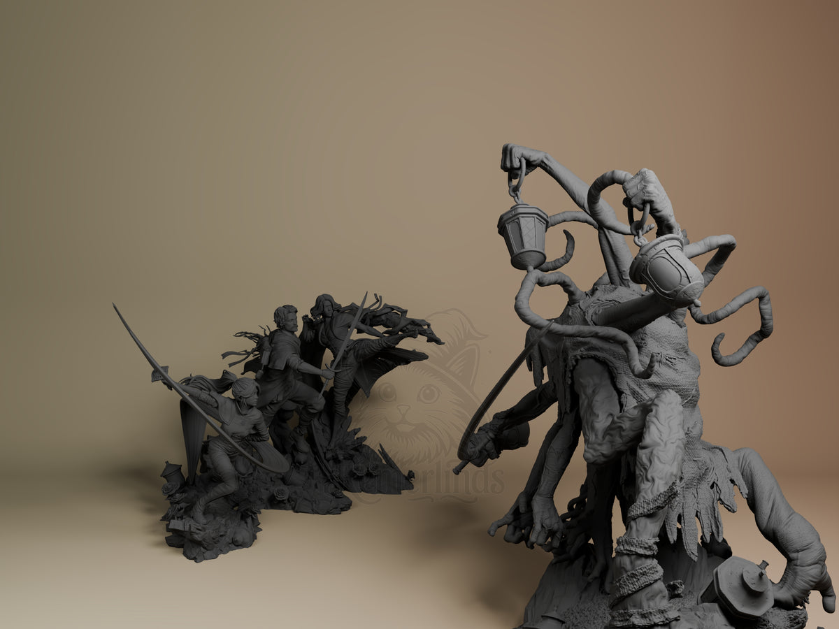 Front view of unpainted Gustave, Maelle & Lune vs Lampmaster resin diorama from Odyssey 33 on sculpted base.