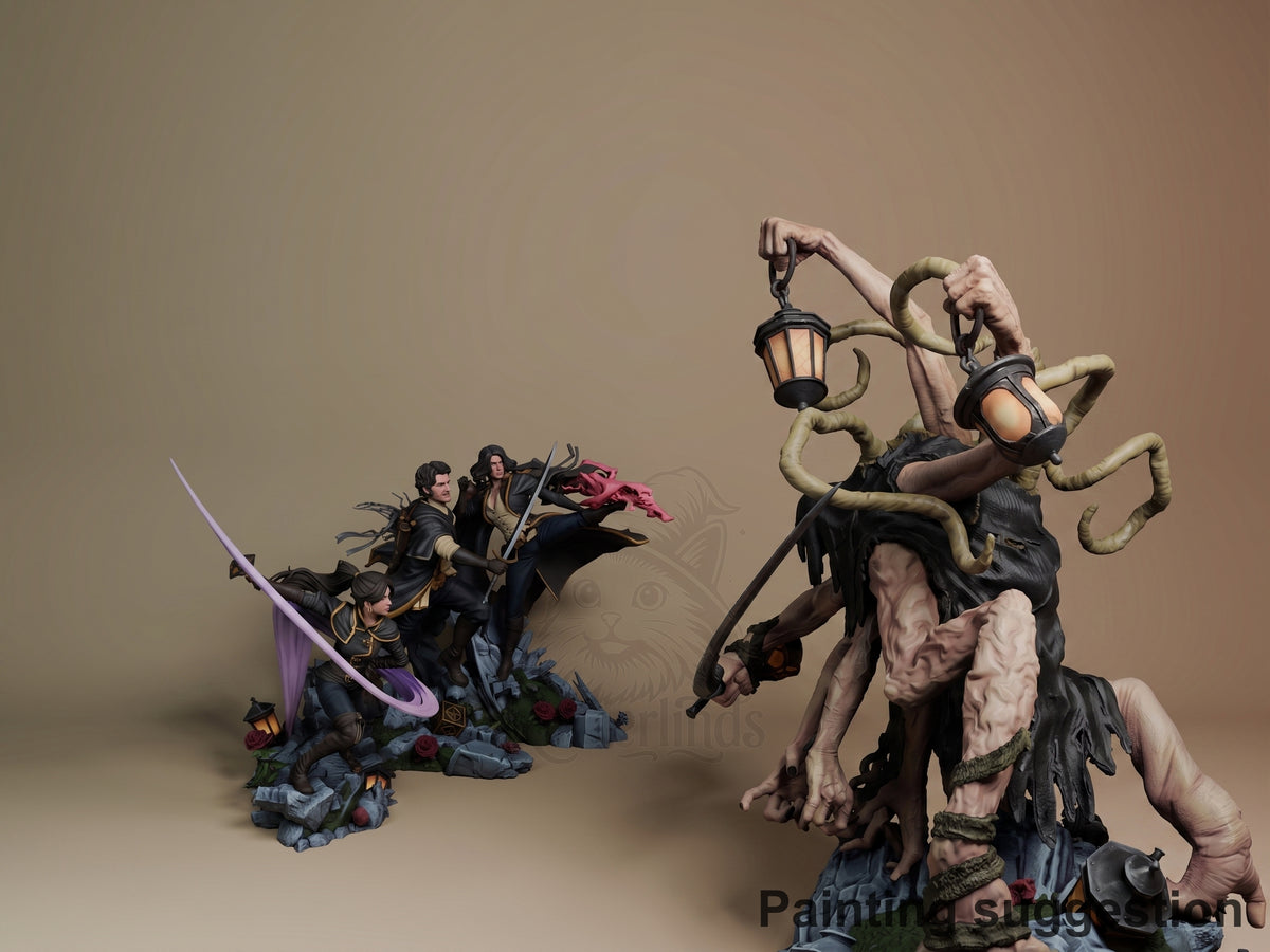 Painted resin diorama shows Gustave, Maelle & Lune vs Lampmaster from Odyssey 33 in combat on sculpted rocky bases.