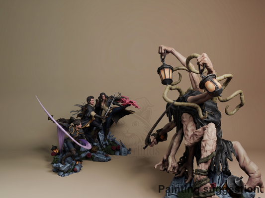 Gustave, Maelle & Lune vs Lampmaster Odyssey 33 3D printed resin diorama by Nomnom, colored view.