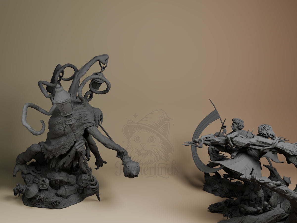 Left view shows unpainted Gustave, Maelle & Lune vs Lampmaster from Odyssey 33 resin diorama on sculpted bases.