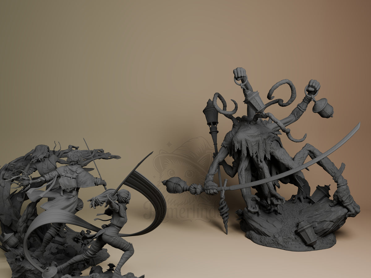 Gustave, Maelle & Lune vs Lampmaster from Odyssey 33 is an unpainted resin diorama with raised sword on a sculpted base.