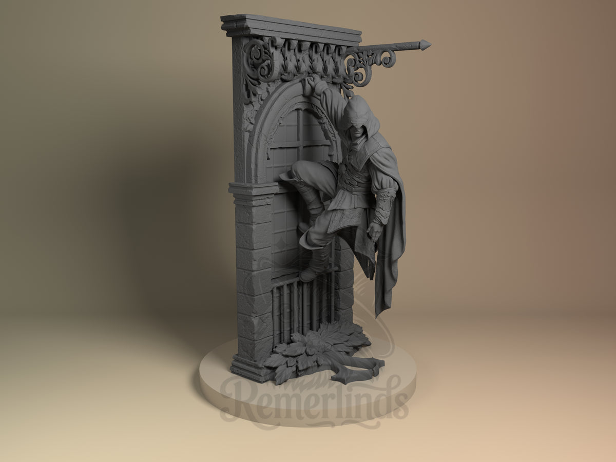 Renaissance Assassin Assassin's Vow 3D printed resin figure by Nomnom, unpainted front view. This 3D resin miniature depicts a Renaissance Assassin, specifically Ezio, in a dynamic climbing pose against a highly detailed stone archway. The figure wears a iconic hooded cloak and layered armor, with a visible hidden blade on the left arm. The sculpt includes intricate architectural and natural elements on the base, emphasizing stealth and agility from the Assassin's Creed series.