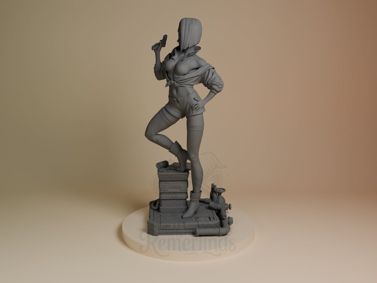 Faye Valentine resin figure from Cowboy Bebop in dynamic pose on futuristic base, unpainted gray detail, side angle view.