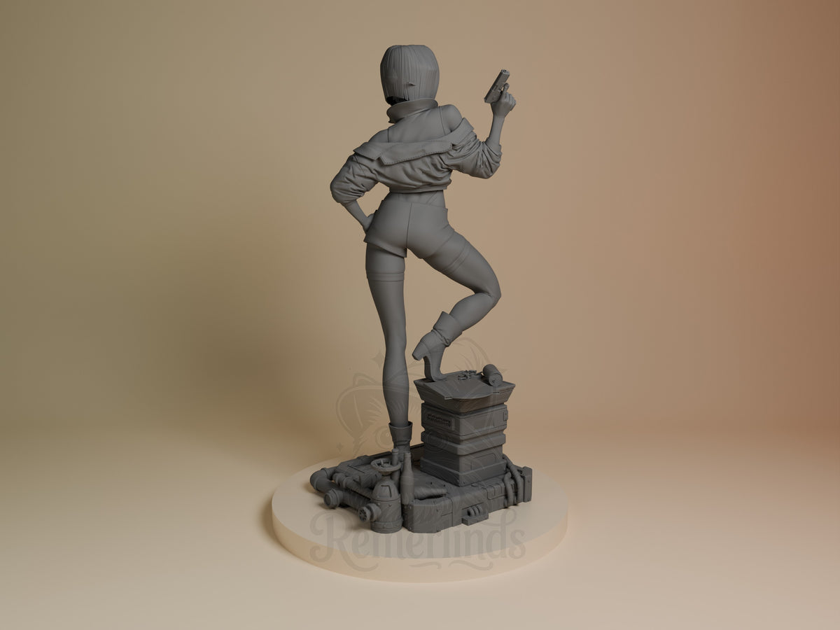 Faye Valentine resin figure from Cowboy Bebop shown from behind, posed on futuristic base with one leg raised, holding pistol, unpainted gray finish.