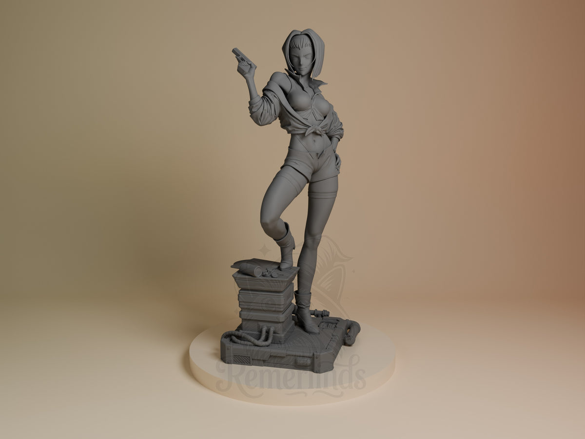 Faye Valentine resin figure from Cowboy Bebop in unpainted gray, posed dynamically on futuristic base, front-facing angle showing detailed clothing and confident stance.
