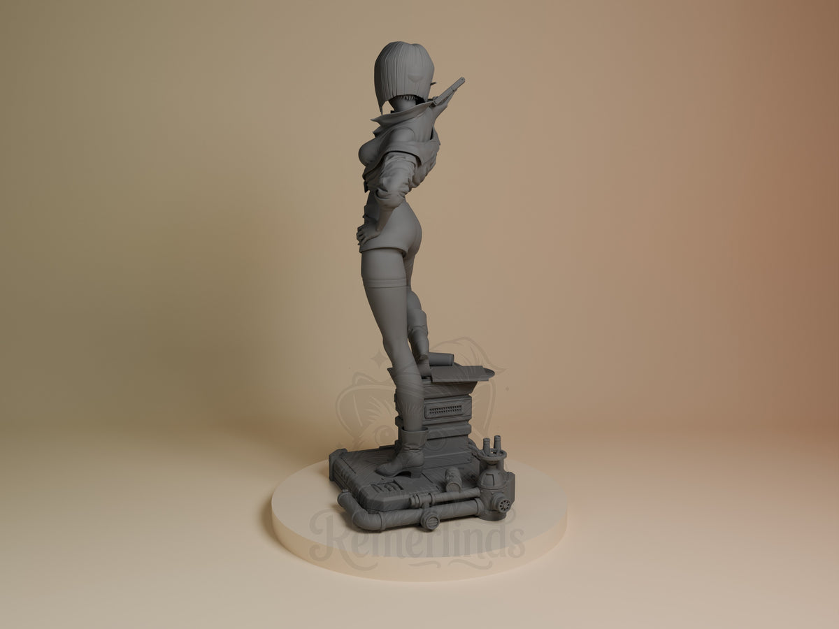 Faye Valentine resin figure from Cowboy Bebop shown from left side, unpainted gray, standing on futuristic base with one arm raised, detailed sculpting throughout.