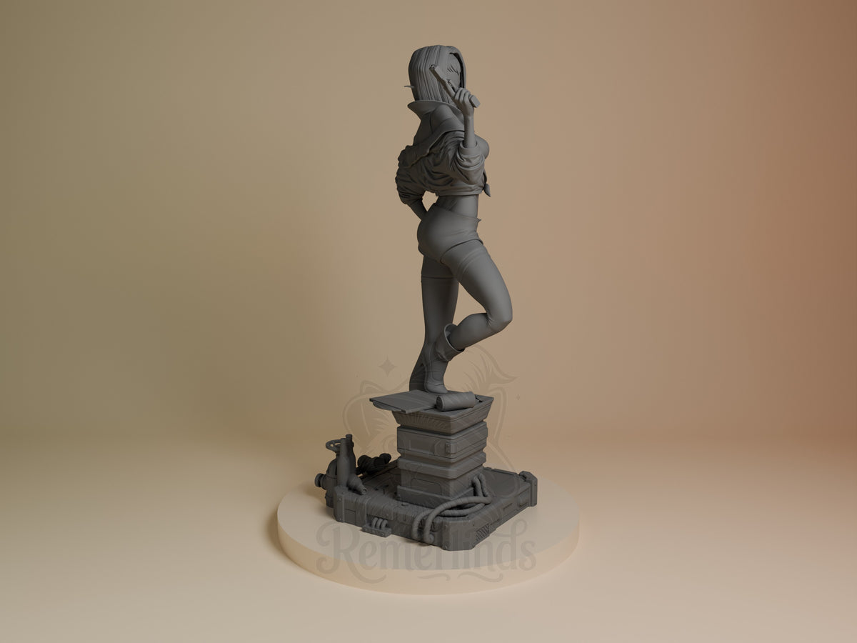 Faye Valentine resin figure from Cowboy Bebop, unpainted gray, shown from right side in confident pose on decorative base with book stack and gun detail.