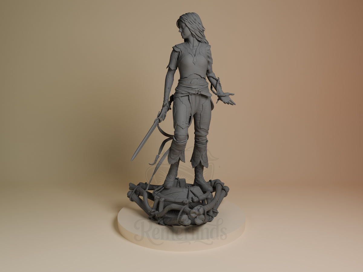Faye from God of War, an unpainted resin figure, stands angled with sword on a sculpted base.