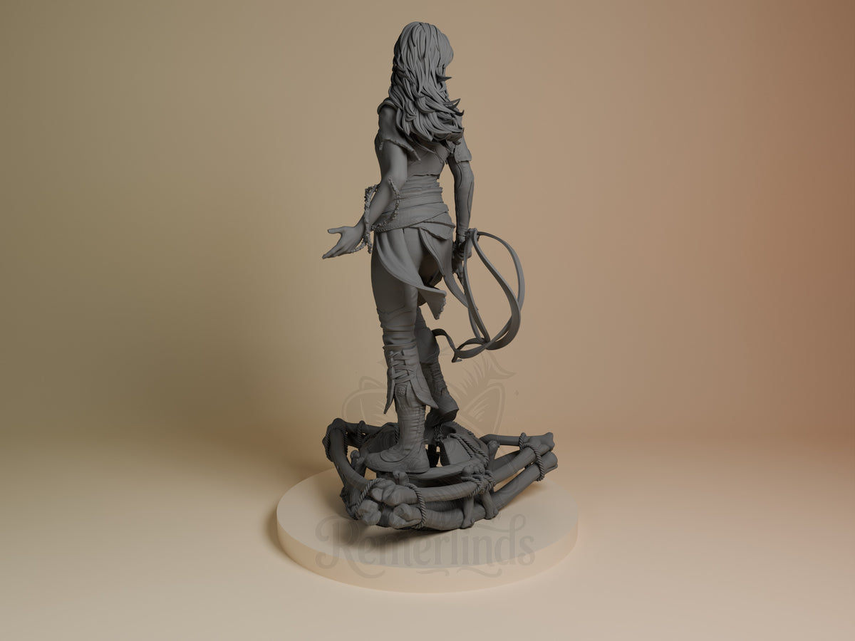Unpainted back view shows Faye from God of War resin figure standing on a bound sculpted base.