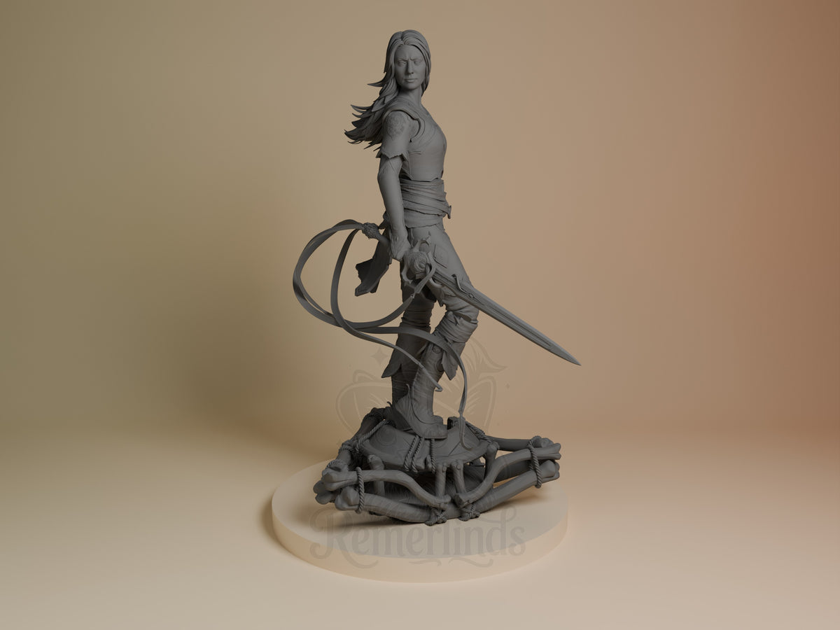 Faye from God of War is a gray unpainted resin figure, angled on a bone base.
