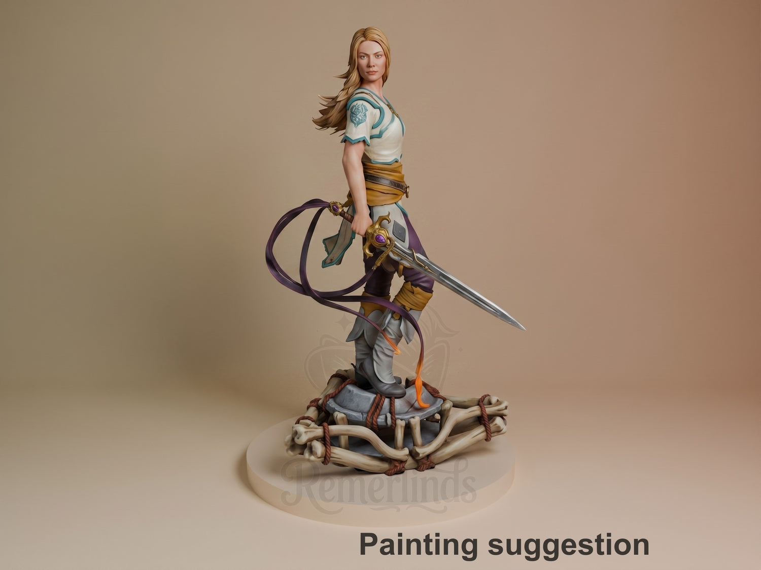 Painted Faye from God of War resin figure stands in a side-facing pose with sword and bone base.