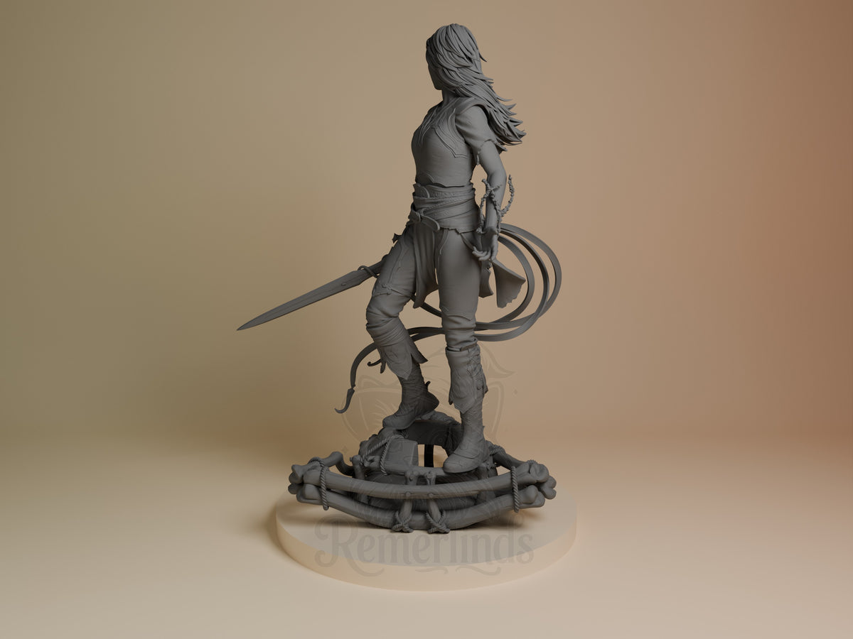 Faye from God of War is an unpainted resin figure standing with a sword on a sculpted base.