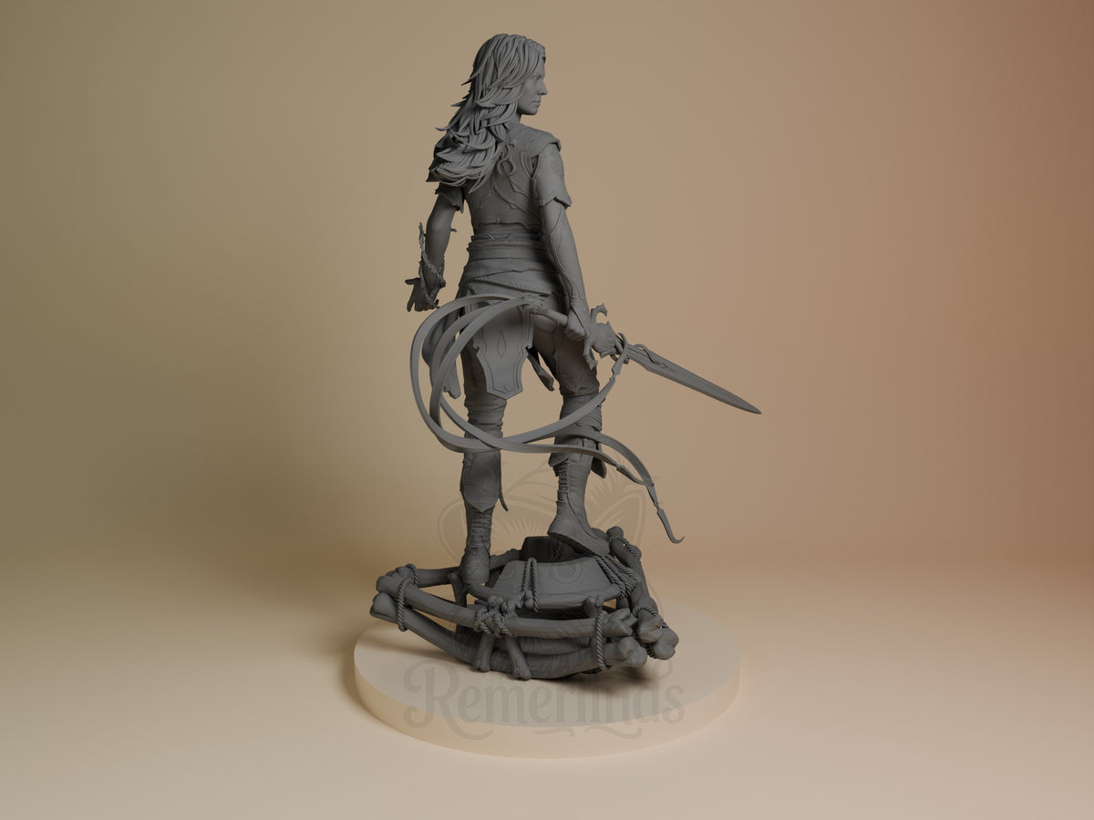 Faye from God of War stands in a rear three-quarter pose as an unpainted resin figure with sword and sculpted boat base.