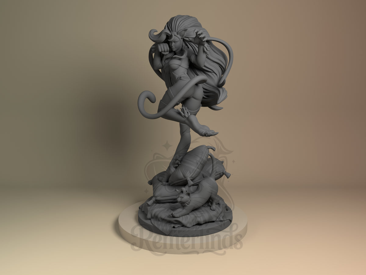 Felicia Rosemary from Dark Stalkers is an unpainted resin figure with raised leg and cat base.