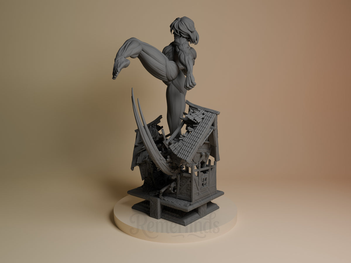 Female Titan from Attack on Titan resin figure, unpainted, angled while kicking above ruins.